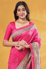 Art Tussar Saree Leaf Motifs Across The Body And Madhubani Print Pallu