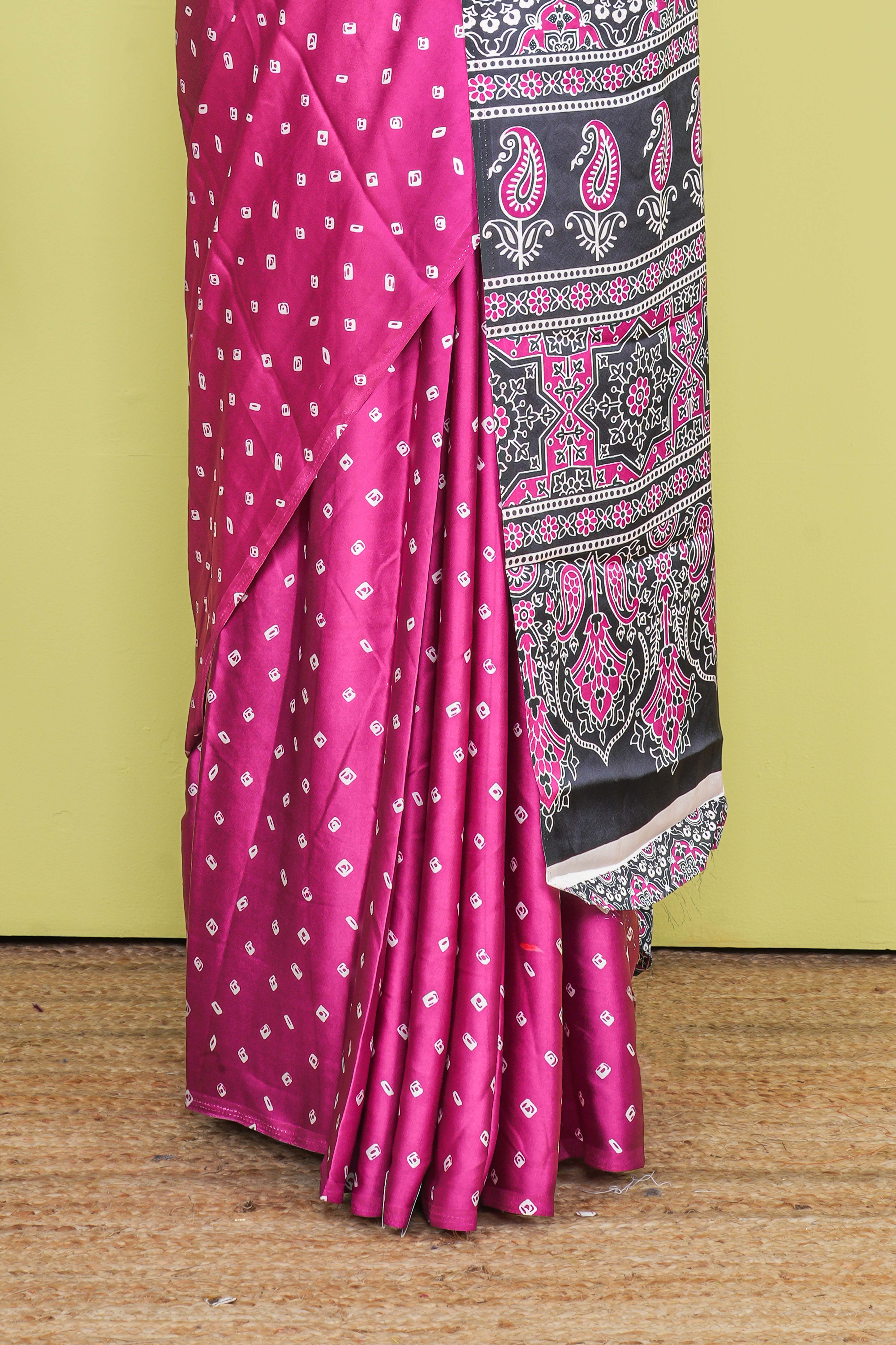 Pink Modal Silk Saree Bandhani Print Across The Body With Ajrakh Design Pallu Along With Blouse