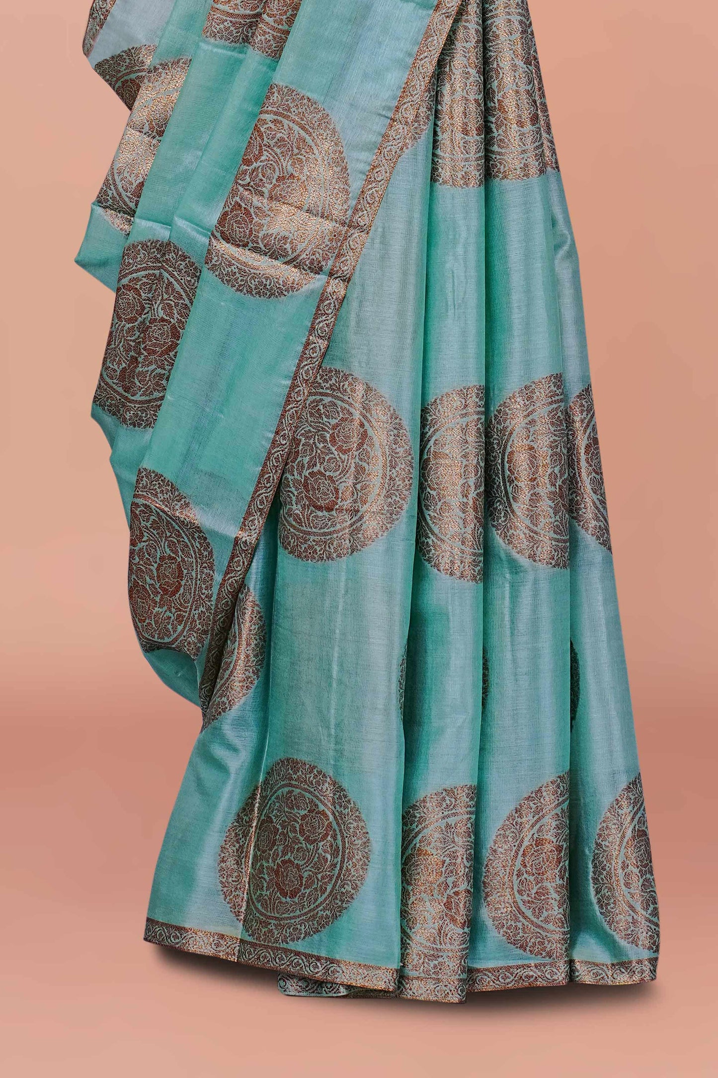 Majestic Pure Tussar Silk Saree in Aqua Blue with Oversized Silver Zari Butta Motifs and Contemporary Traditional Elegance