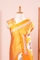 Vibrant Yellow Modal Silk Saree The Body Has Fine Vertical White Stripes The Border Are Highlighted Pichwai Design Along With Ajrakh Printed Blouse