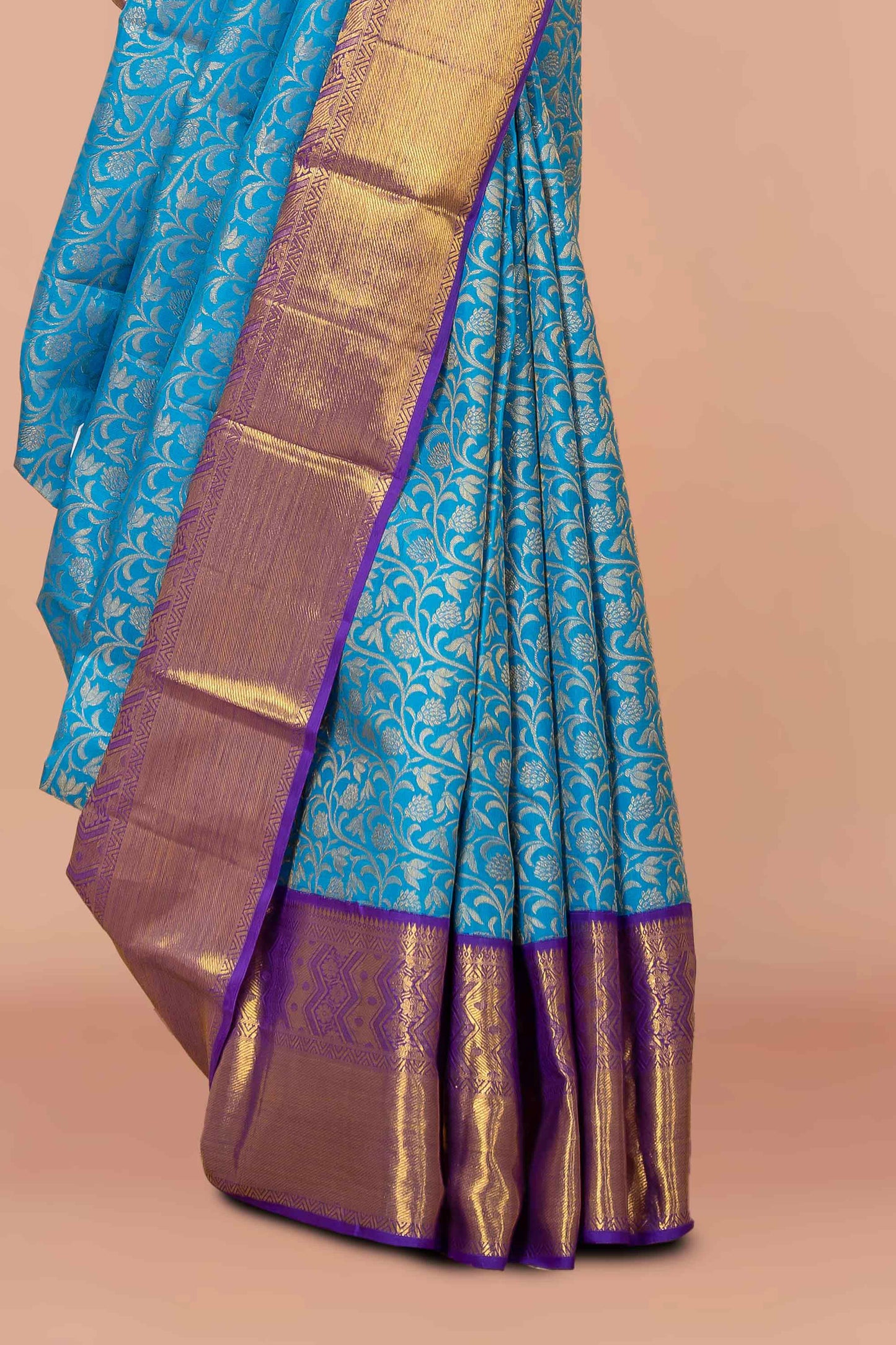 Aqua Blue Swayamvara Pattu Saree with Elegant Zari Border & Contrast Purple Zari Woven Pallu