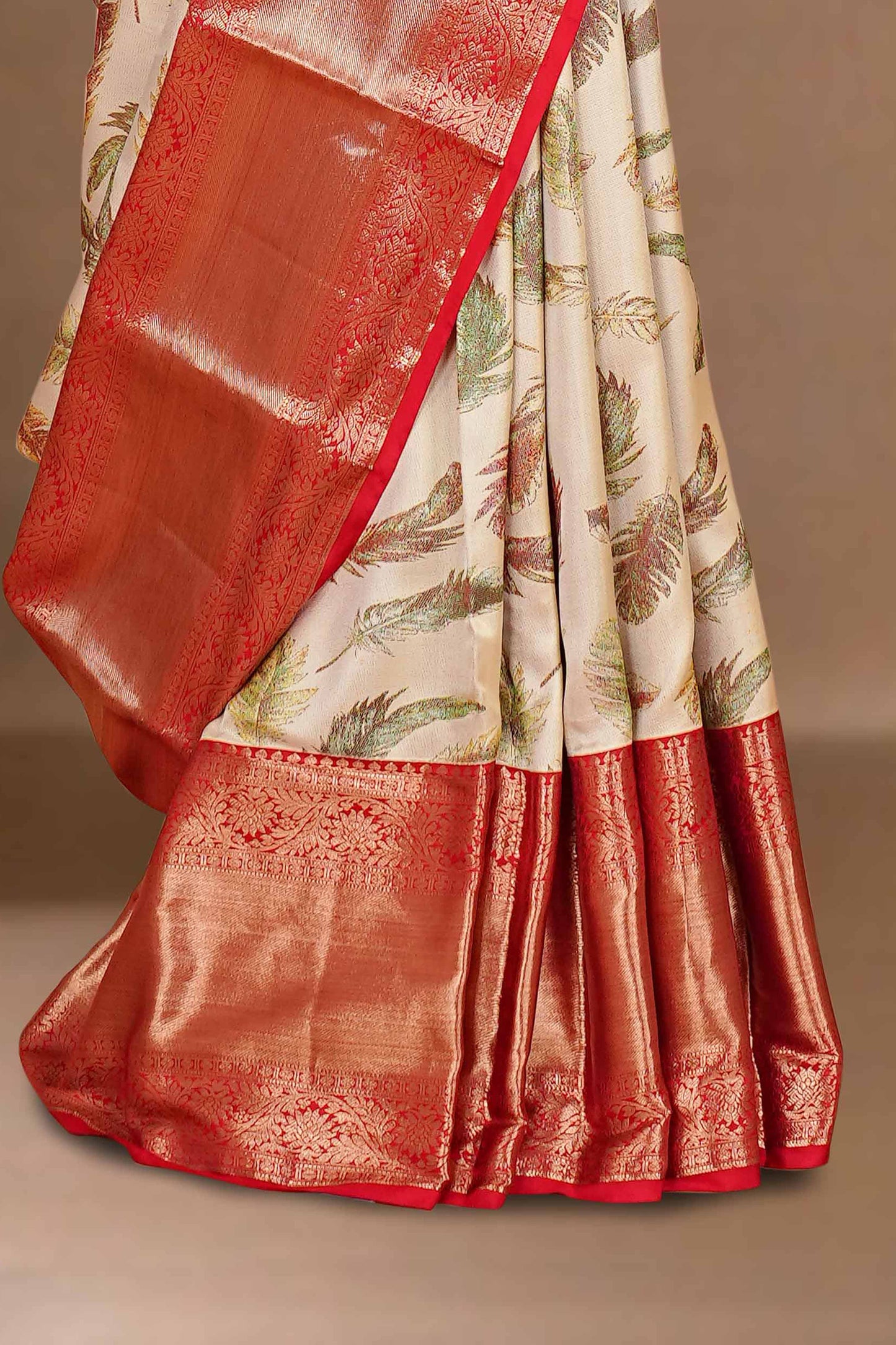 Ivory & Red Contrast Border Wings Design Kanchipuram Pure Silk Saree