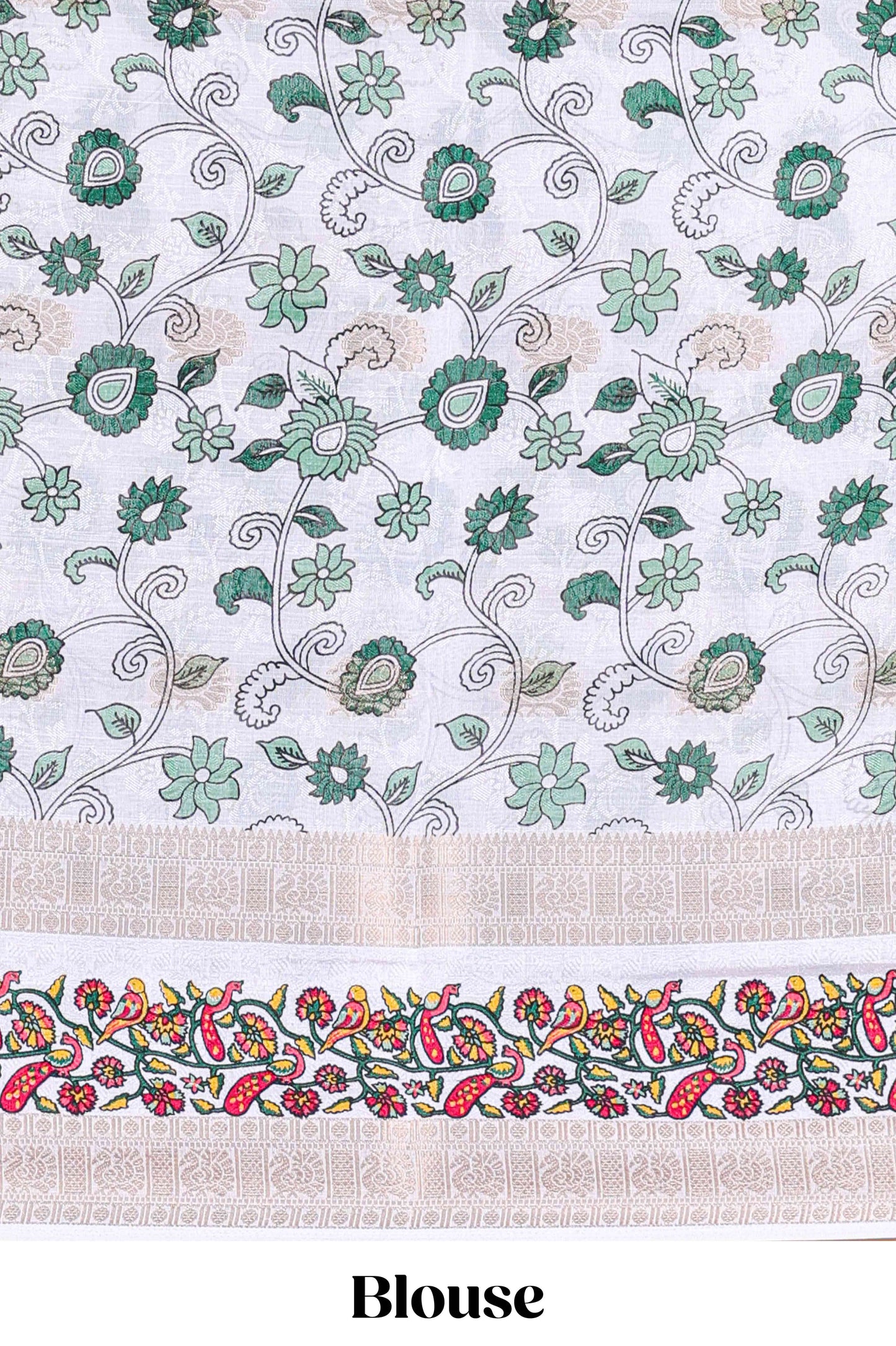 Green peacock zari butta dola silk saree with contrast floral vine border and printed blouse