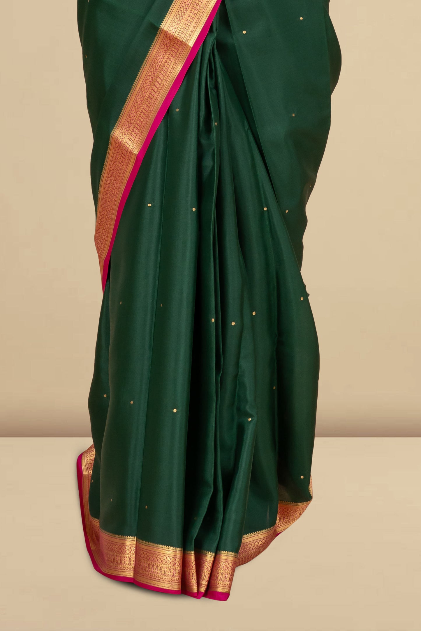 Bottle Green Pure Mysore Silk Saree with Contrast Pink-Gold Border, Subtle Gold Butta & Elegant Pallu