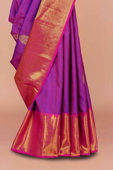 Purple & Pink Border Kanchipuram Pure Silk Saree with Gold Zari Butta and Contrast Pallu