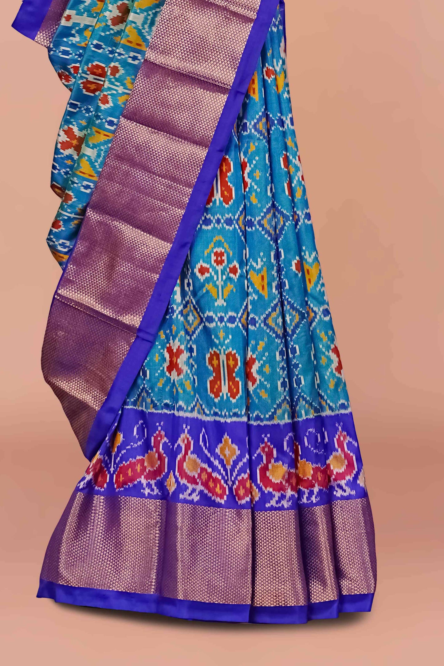 Exclusive Pure Ikkat Silk Saree in Aqua Blue with Royal Blue & Silver Zari Border, Featuring Intricate Handwoven Pallu