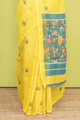 Yellow Linen Saree Flower Motifs Across The Body With Contrast Floral Design Pallu Along With Blouse