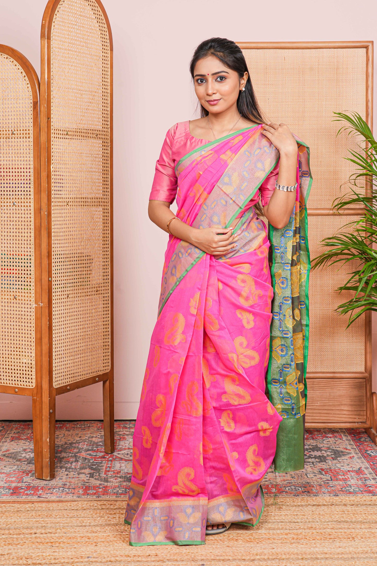 pink chanderi cotton saree with green pallu
