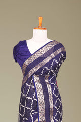 Navy Blue Dola Silk Saree Jaali Design ,Pink Lotus Motifs Across The Body With Gold Zari Bentex BorderPichwai Design Pallu Along With Blouse