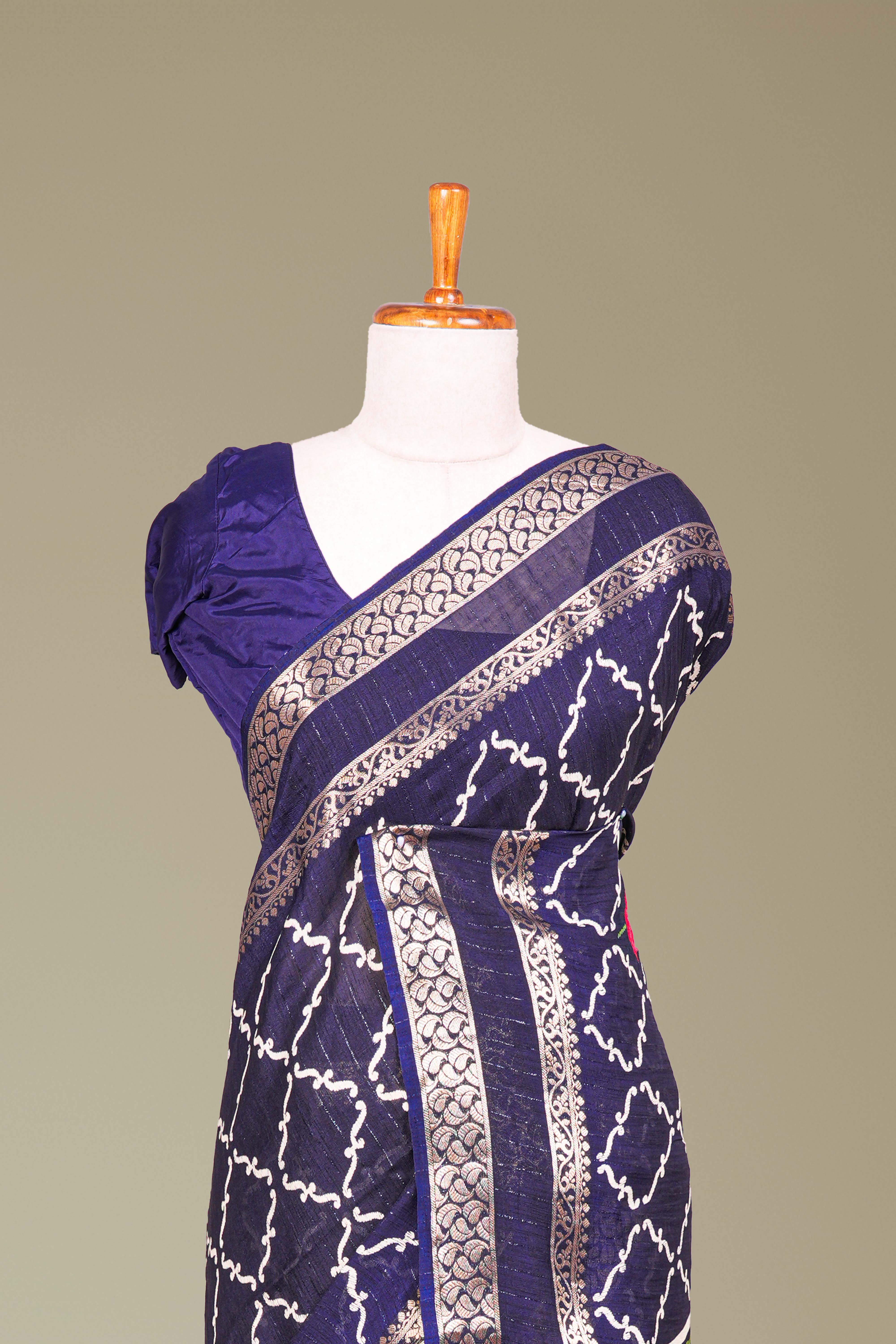 Navy Blue Dola Silk Saree Jaali Design ,Pink Lotus Motifs Across The Body With Gold Zari Bentex BorderPichwai Design Pallu Along With Blouse