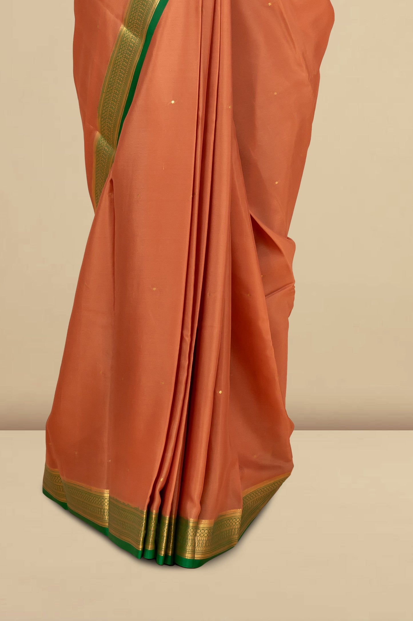 Rust Orange Mysore Pure Silk Saree with Green Zari Border and Contrast Green Pallu – Subtle Golden Buttas