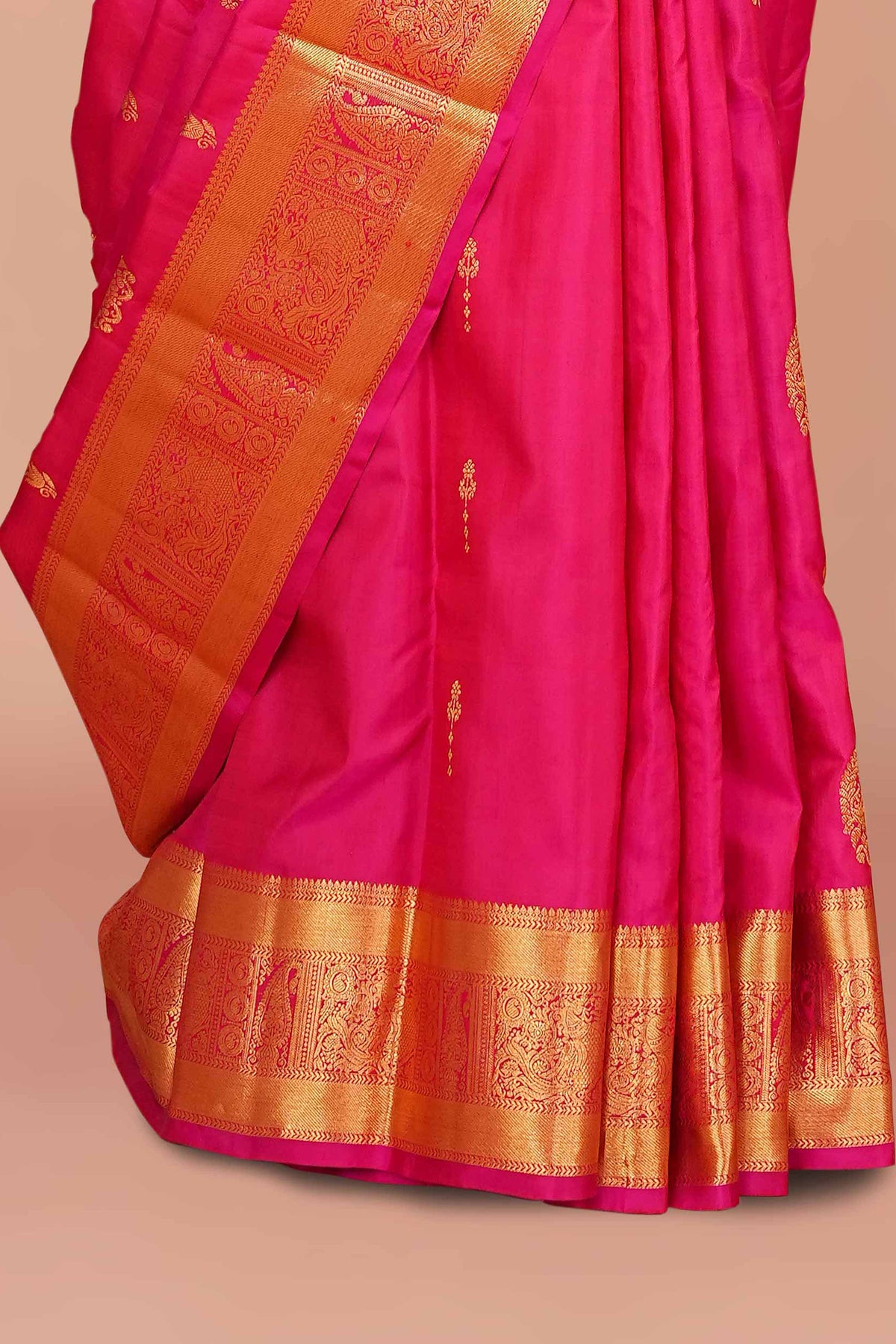 Rani Pink & Gold Self-Butta Kanchipuram Pure Silk Saree with Rich Zari Border