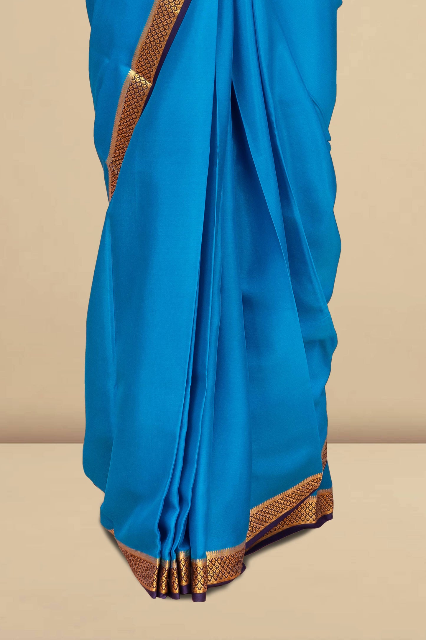Elegant Sky Blue Pure Mysore Silk Saree with Rich Gold Zari Contrast Border, Subtle Butta Detailing & Deep Navy Blue Pallu