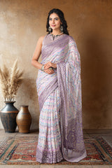 Lavender Brasso Saree Chevron DesignFoil PrintAcross The Body With Contrast Rich Pallu