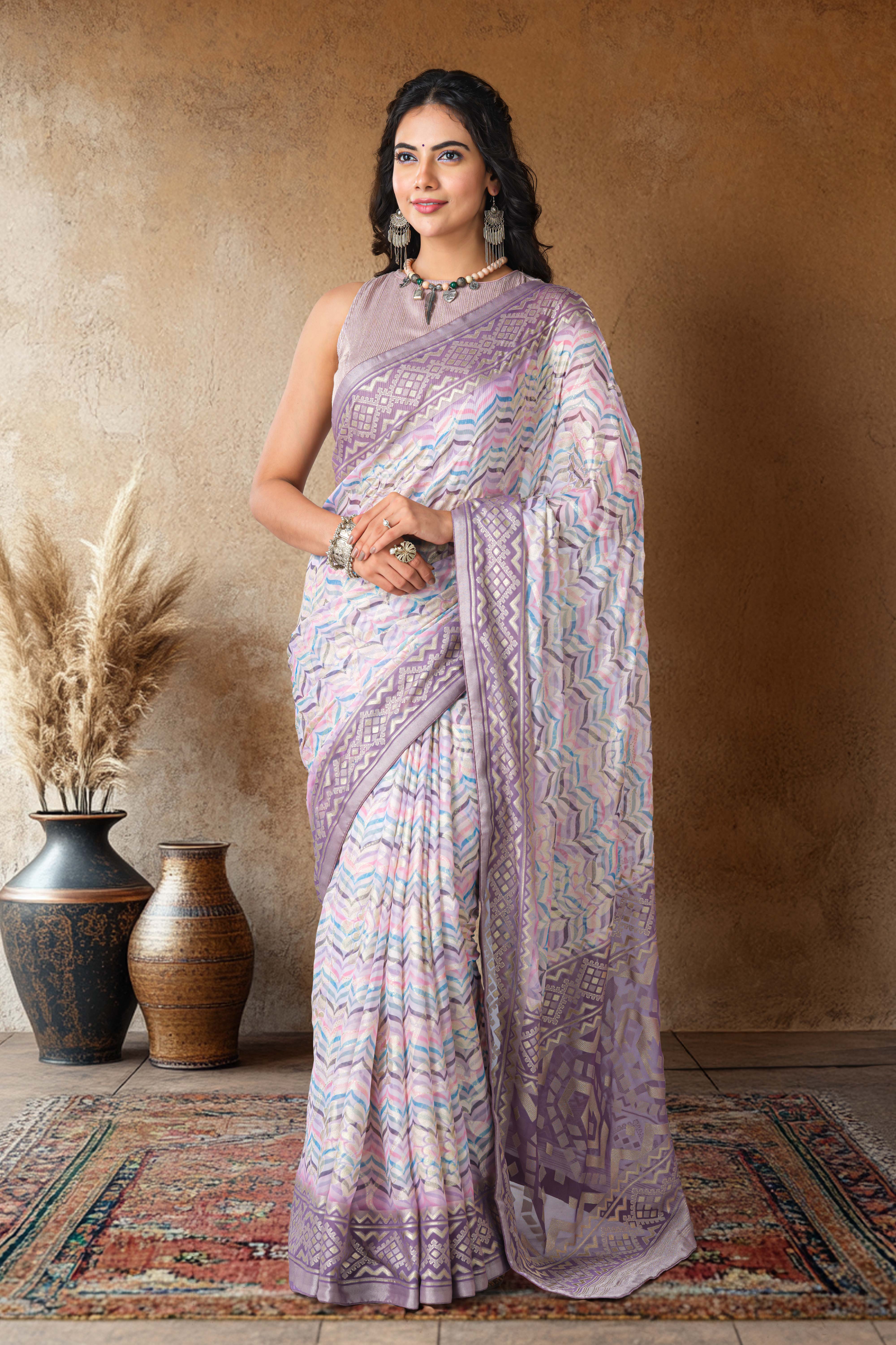 Lavender Brasso Saree Chevron DesignFoil PrintAcross The Body With Contrast Rich Pallu