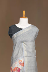 Grey Art Tussar Saree Traditional Madhubani Print Across The Body With Zari Stripes Pallu