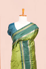 Green Retta Petta Art Silk Saree With Plain Body Retta Petta Border Contrast Intricate Gold Zari Stripes Pallu