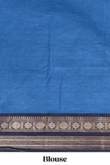 Blue plain chettinad cotton saree with contrast zari border and matching blouse
