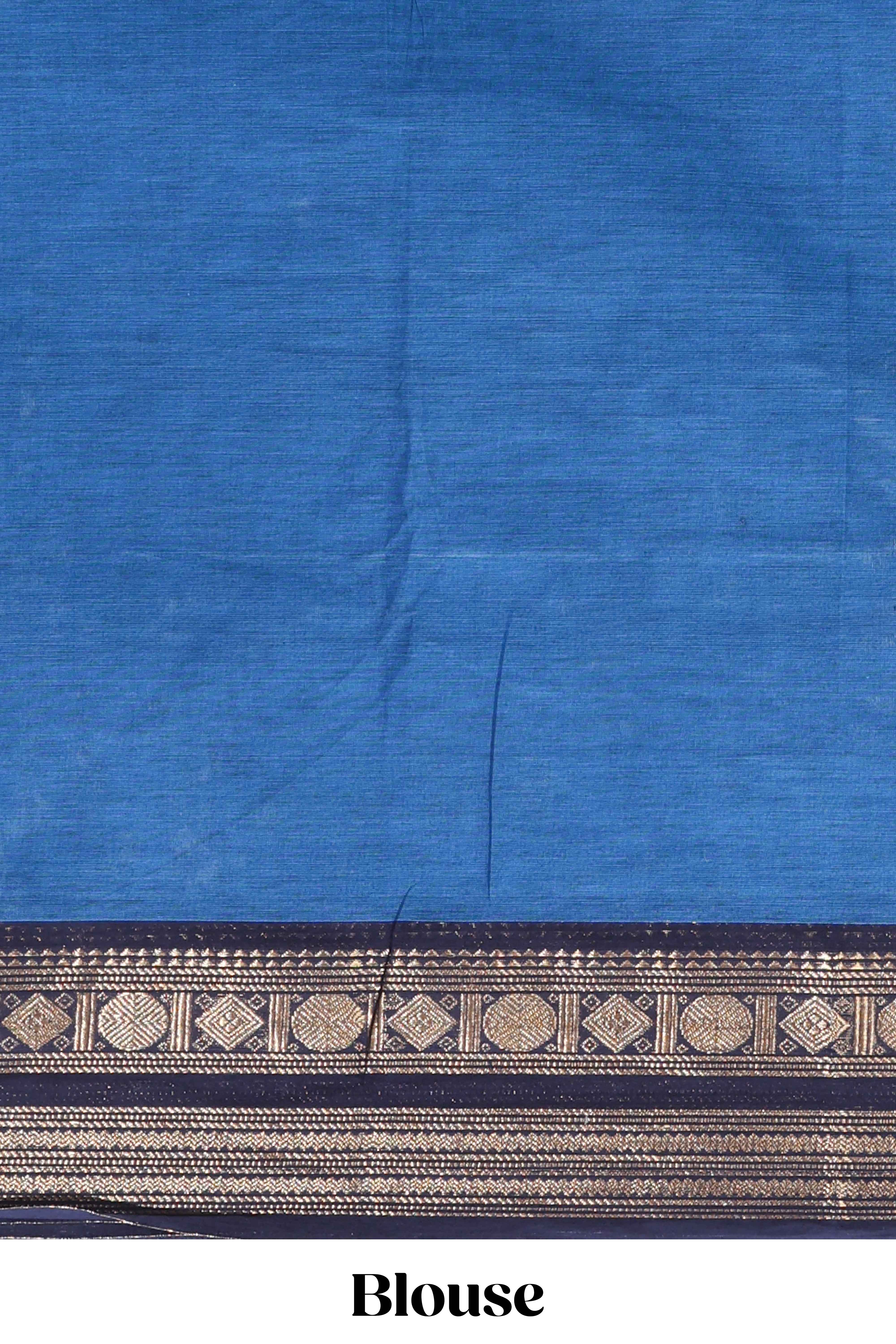 Blue plain chettinad cotton saree with contrast zari border and matching blouse