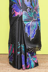 Black south cotton Saree With Multi Color Orchid Printed Across Body Along With White Dotted Blouse
