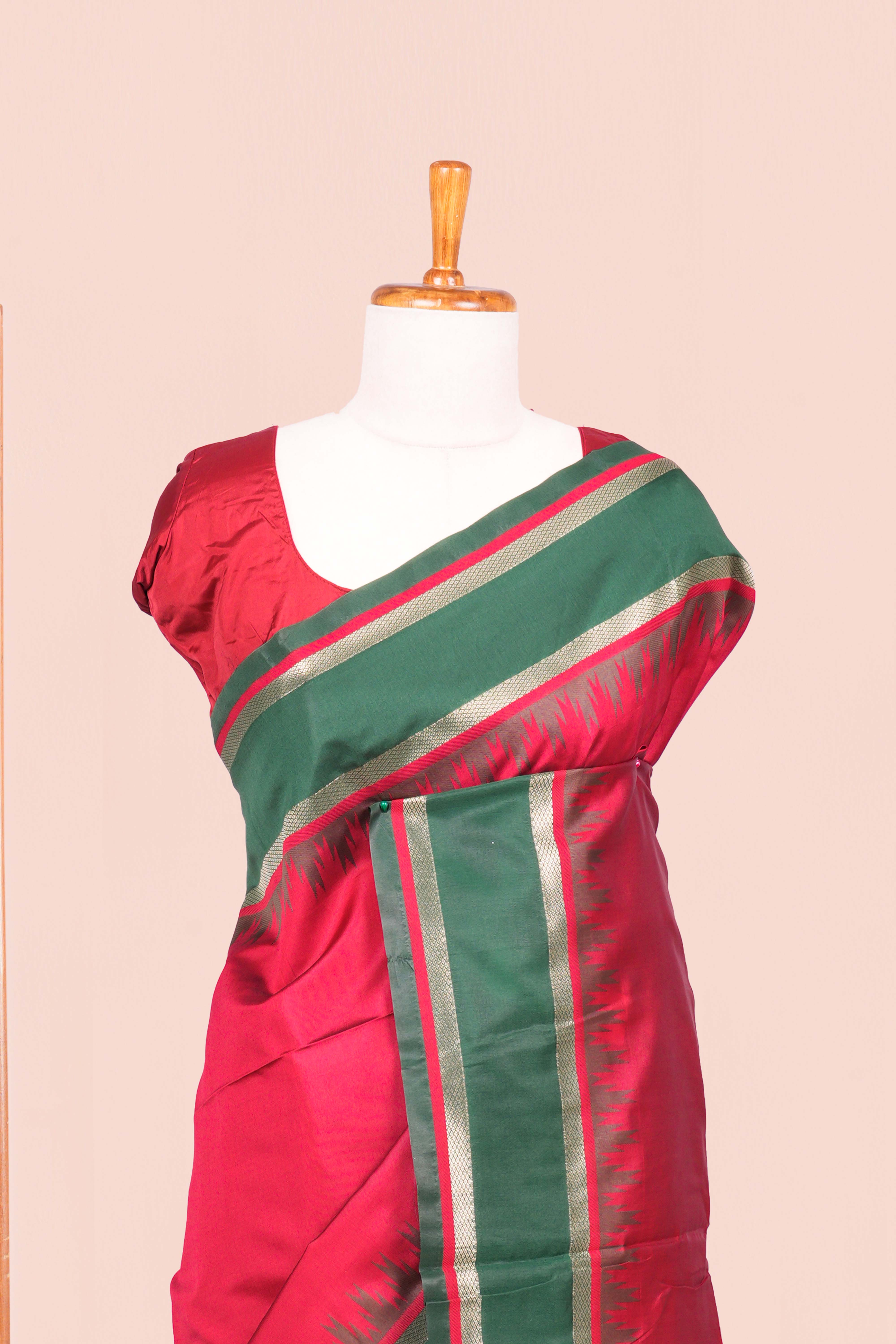 Maroon Retta Petta Art Silk Saree With Plain Body Retta Petta Border Contrast Intricate Gold Zari Stripes Pallu Along With Geometric Motifs Blouse