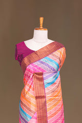 Semi Tussar Saree Multi Color Strips Across The Body With Contrast Pallu