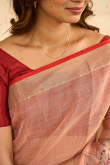 Peach Linen Sarees With Aari Work And Digital Printed