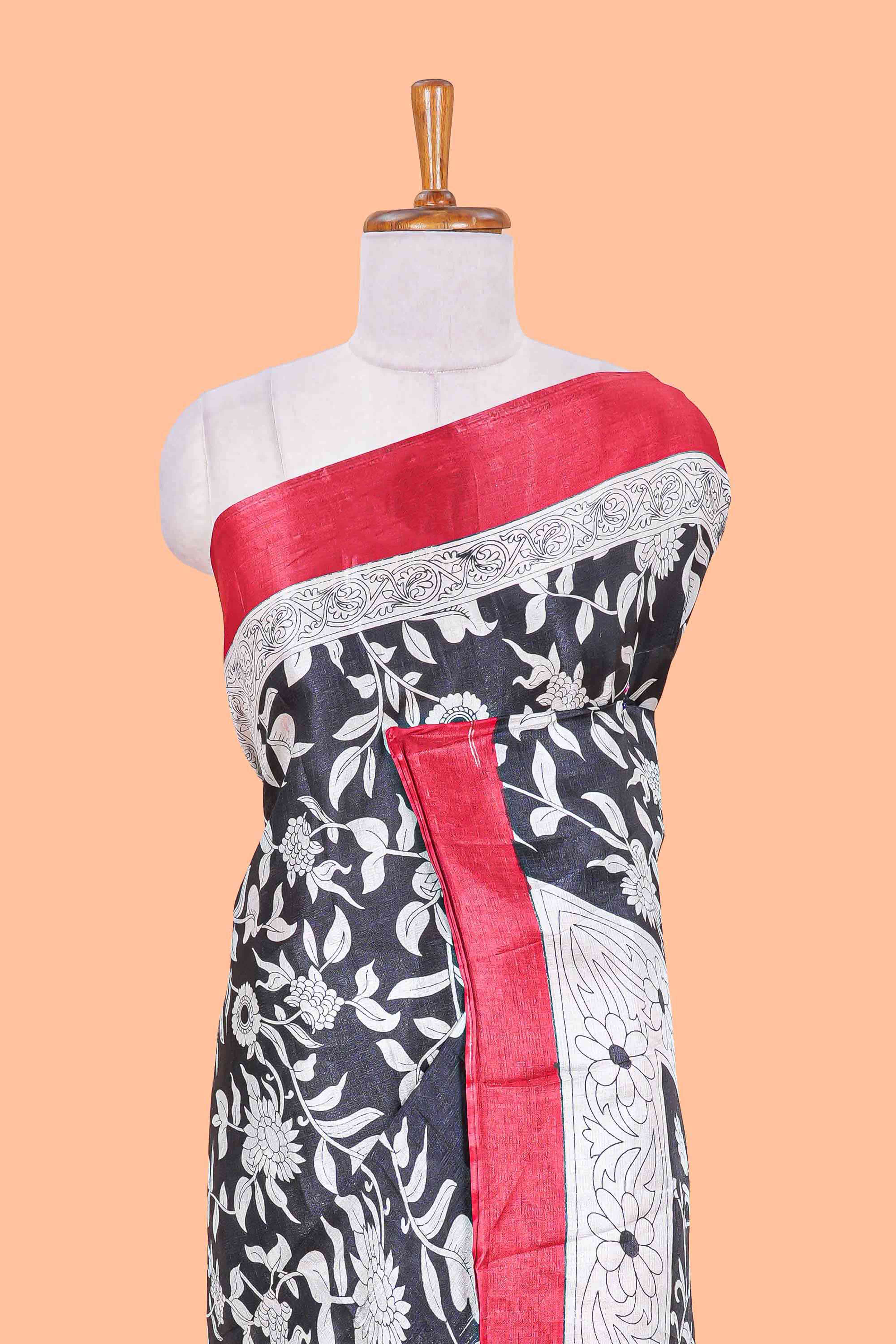 Black floral design kalamkari print south cotton saree with contrast border and matching blouse