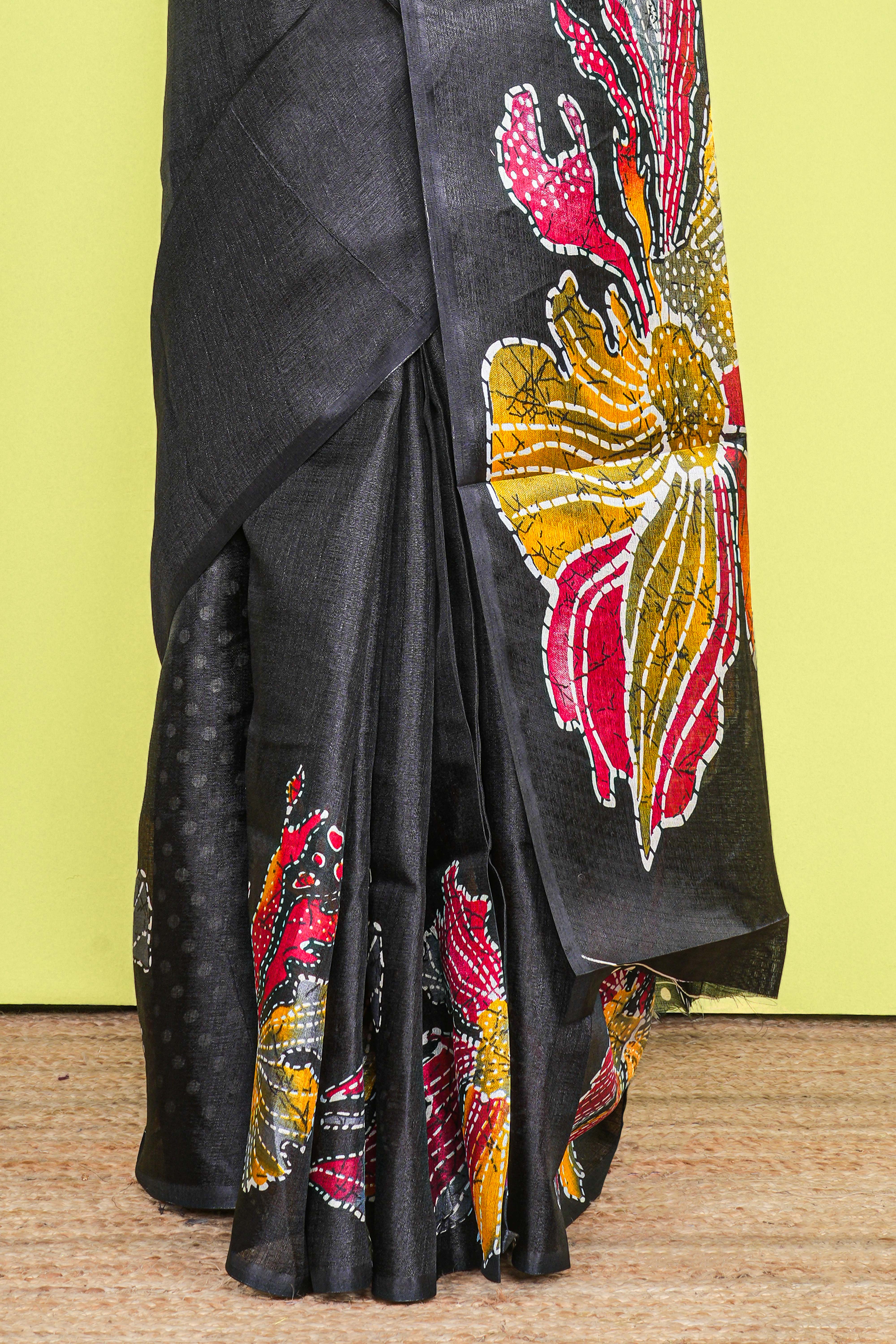 Black south cotton Saree With Multi Color Orchid Printed Across The Body Along With White Dotted Blouse