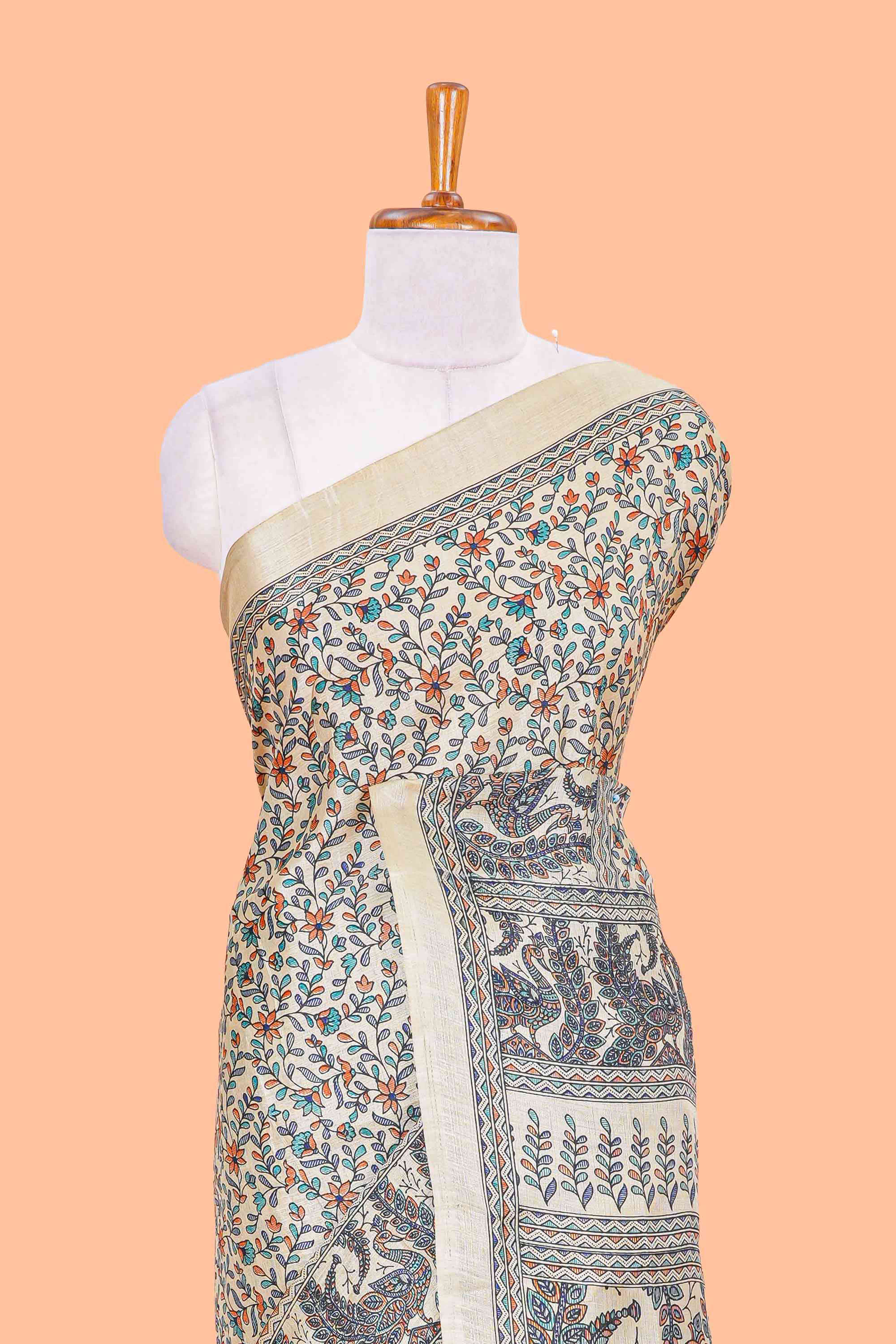 Sandal floral madhupani print south cotton saree with self border and contrast blouse