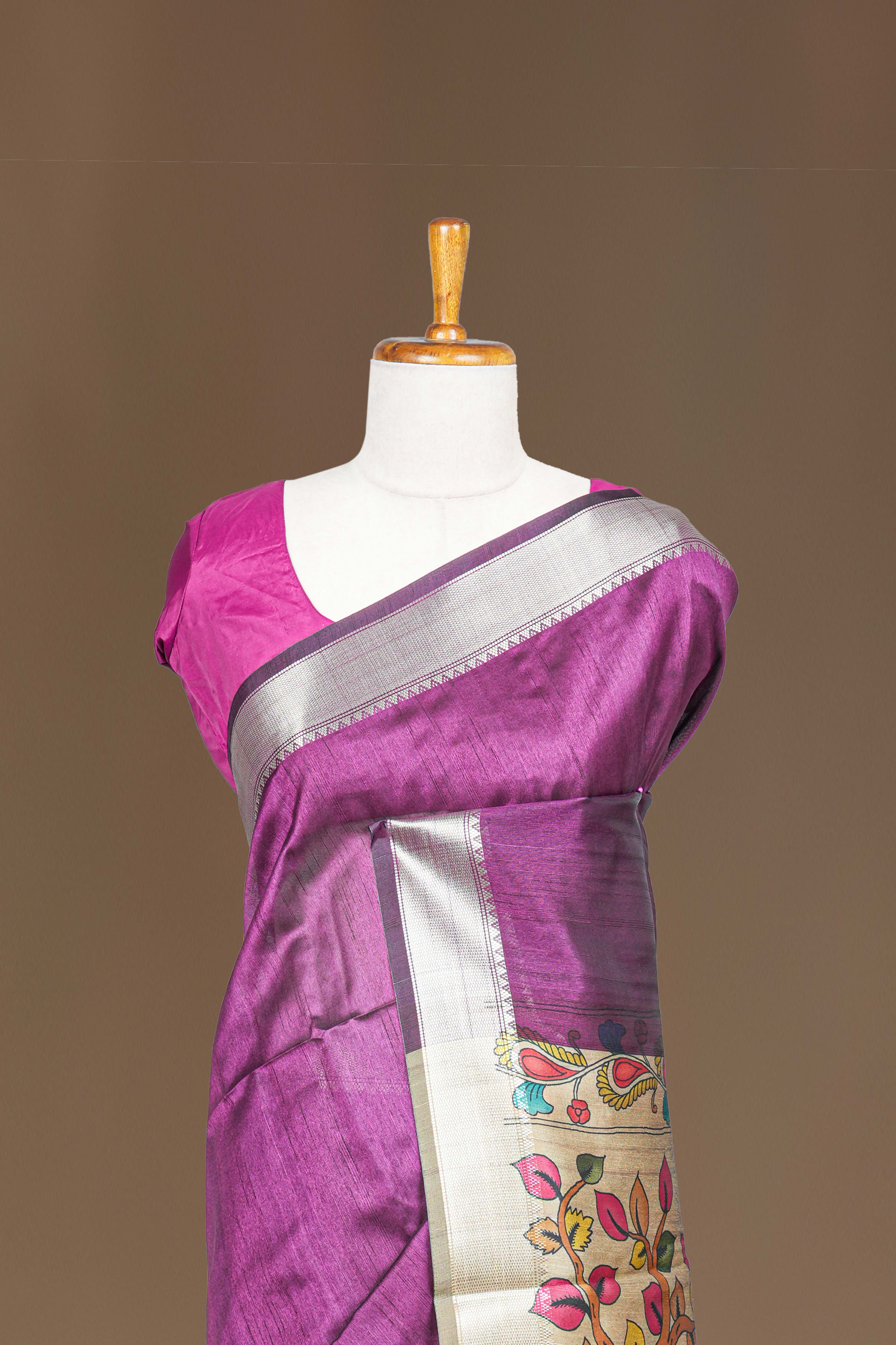 Chappa Tussar Saree Plain Body With Kalamkari Print Pallu