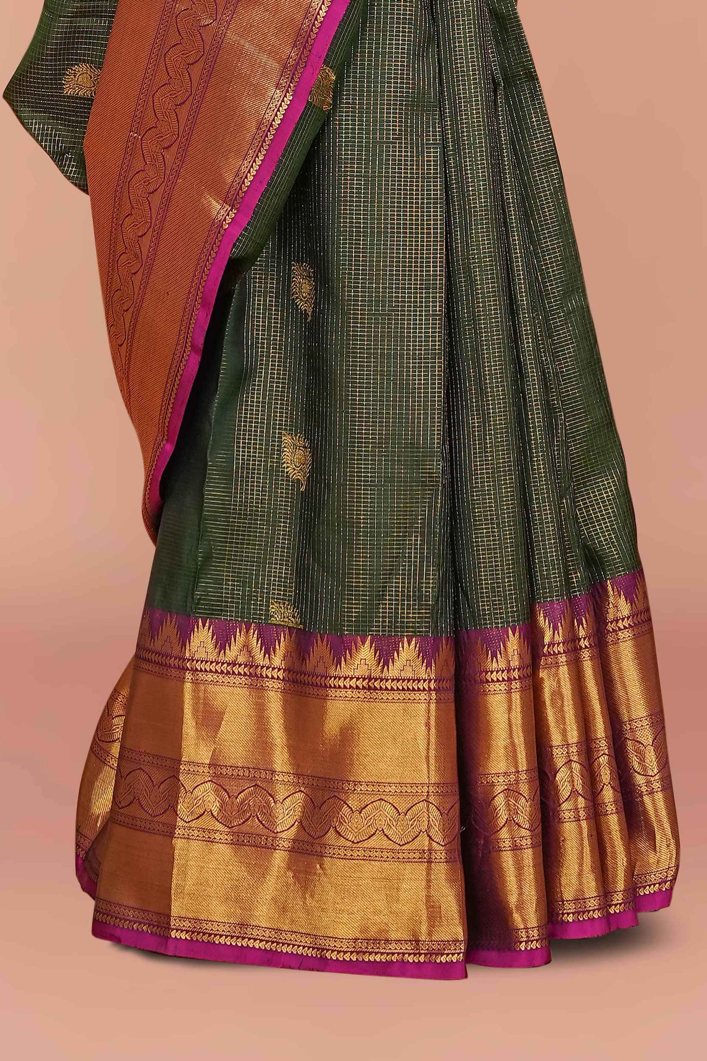 Olive Green & Pink Long Border Kanchipuram Pure Silk Saree with Gold Zari Detailing