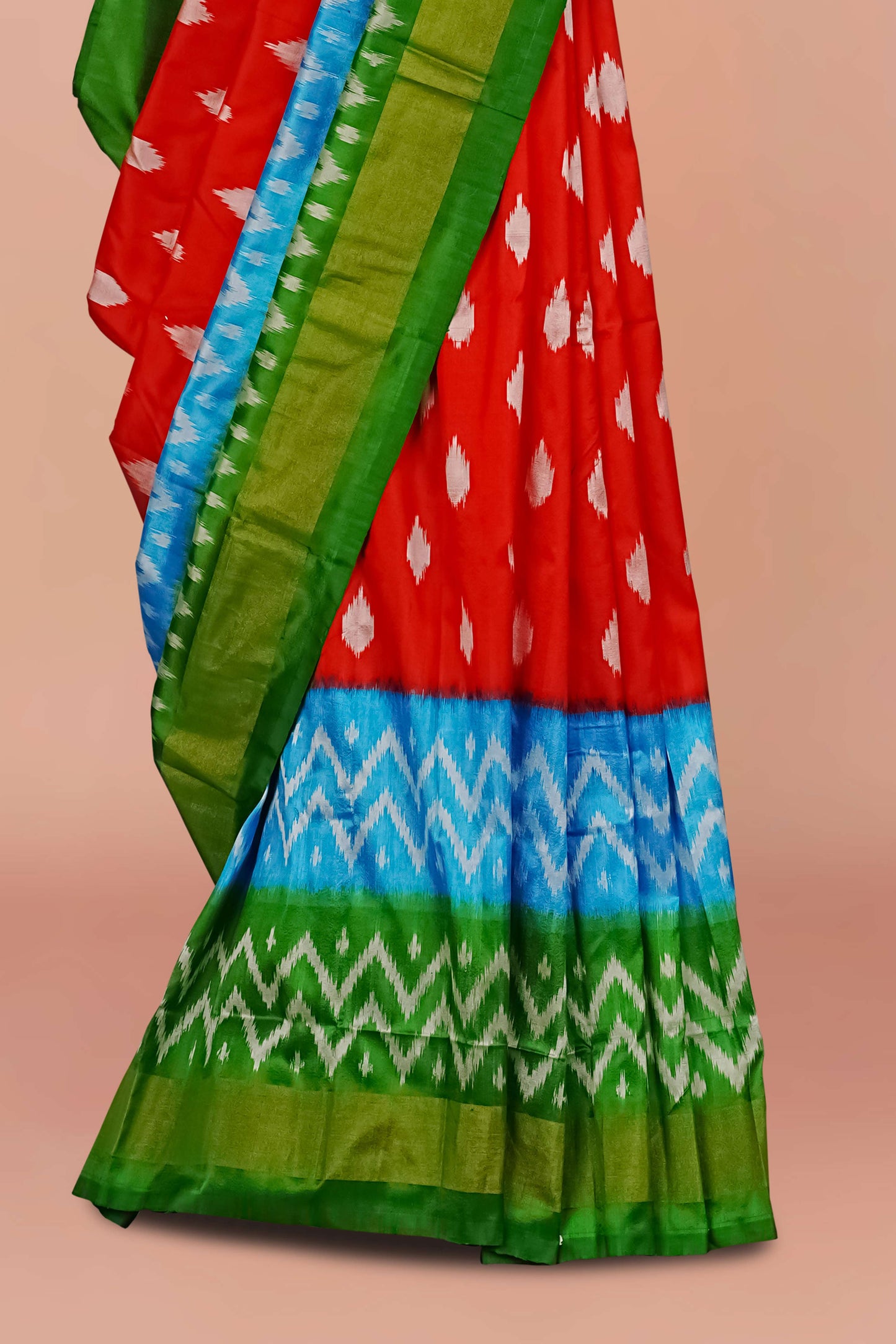 Multicolor Ikkat Pure Silk Saree with Red Body, Blue Accents and Green Contrast Border
