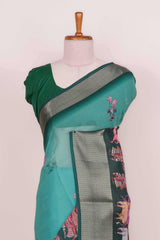Green Semi Chiffon Pattachitra Printed Saree With Jacquard Border Along With Blouse
