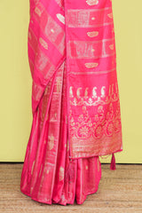 Rani Pink Viscose Georgette Saree Zari Woven Stripes, Floral Pattern Across The Body With Paisley Motifs Pallu