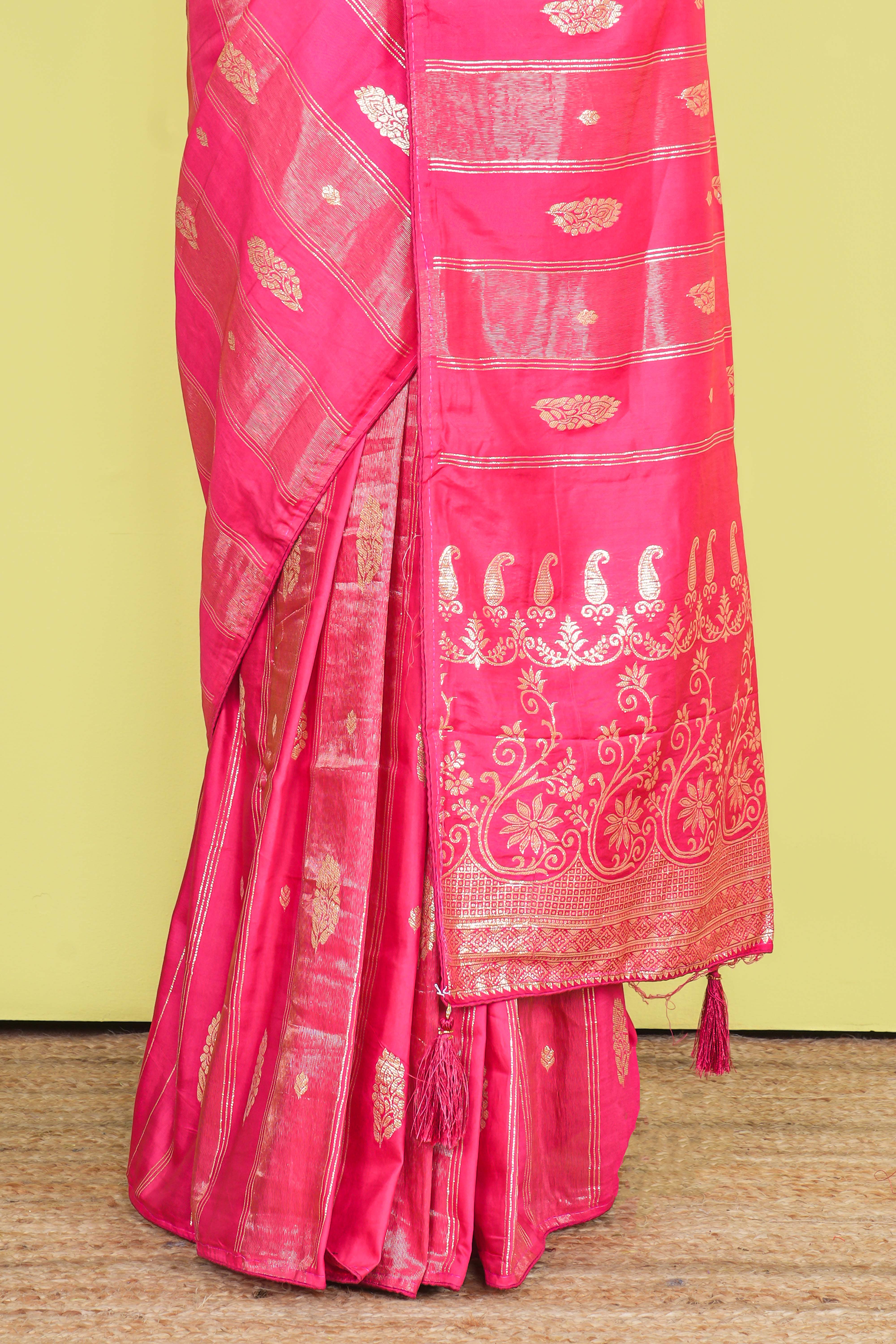 Rani Pink Viscose Georgette Saree Zari Woven Stripes, Floral Pattern Across The Body With Paisley Motifs Pallu