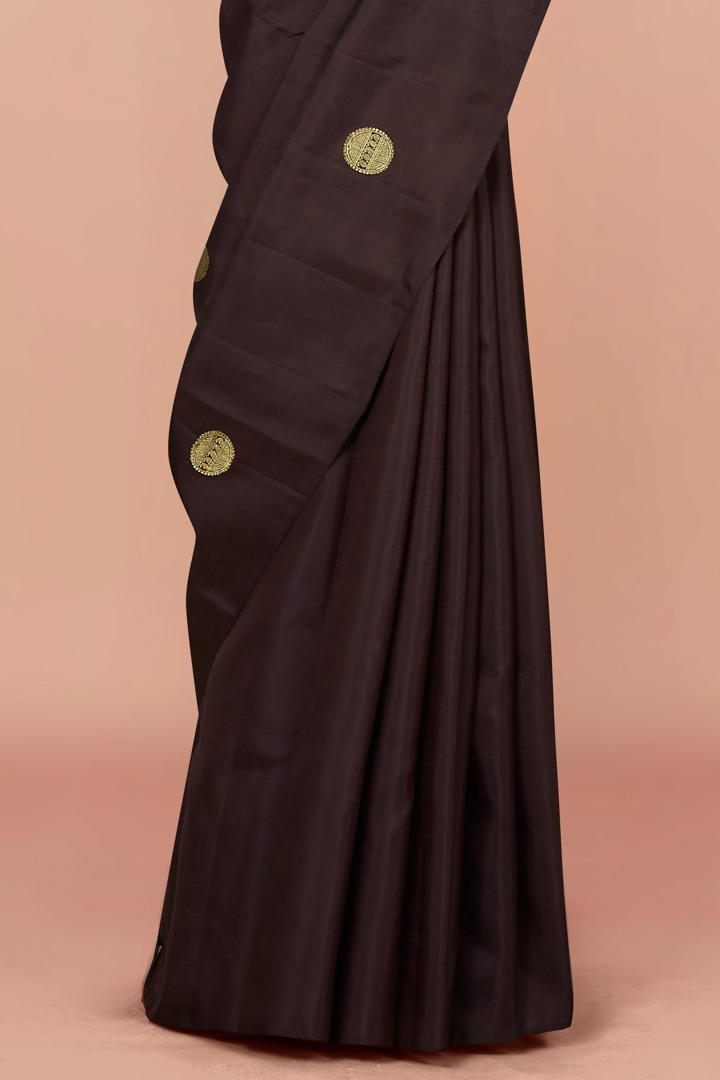 Deep Coffee Brown Borderless Kanchipuram Pure Silk Saree with Gold Round Zari Buttas and Contrasting Yellow Pallu
