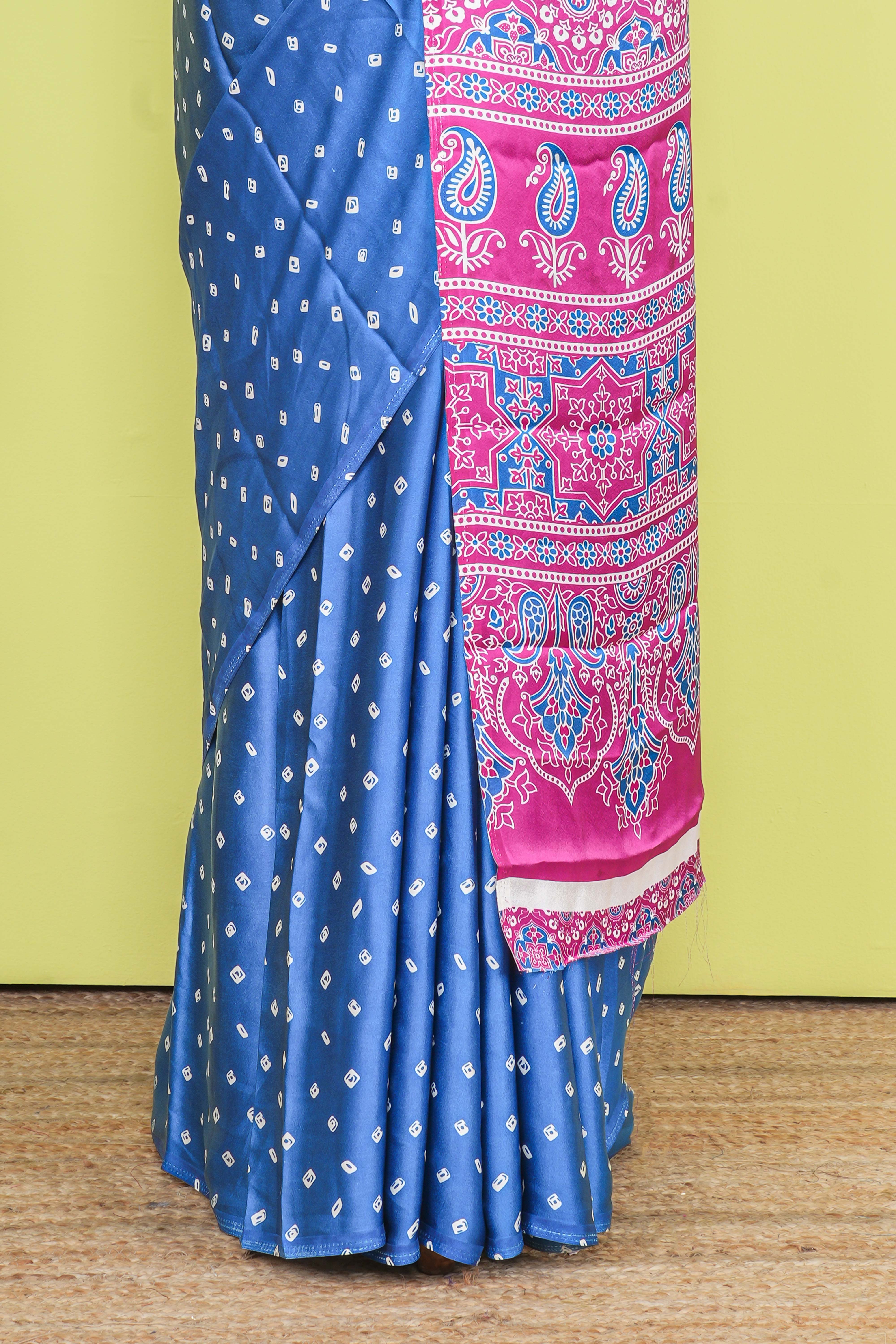 Blue Modal Silk Saree Bandhani Print Across The Body With Ajrakh Design Pallu Along With Contrast Blouse