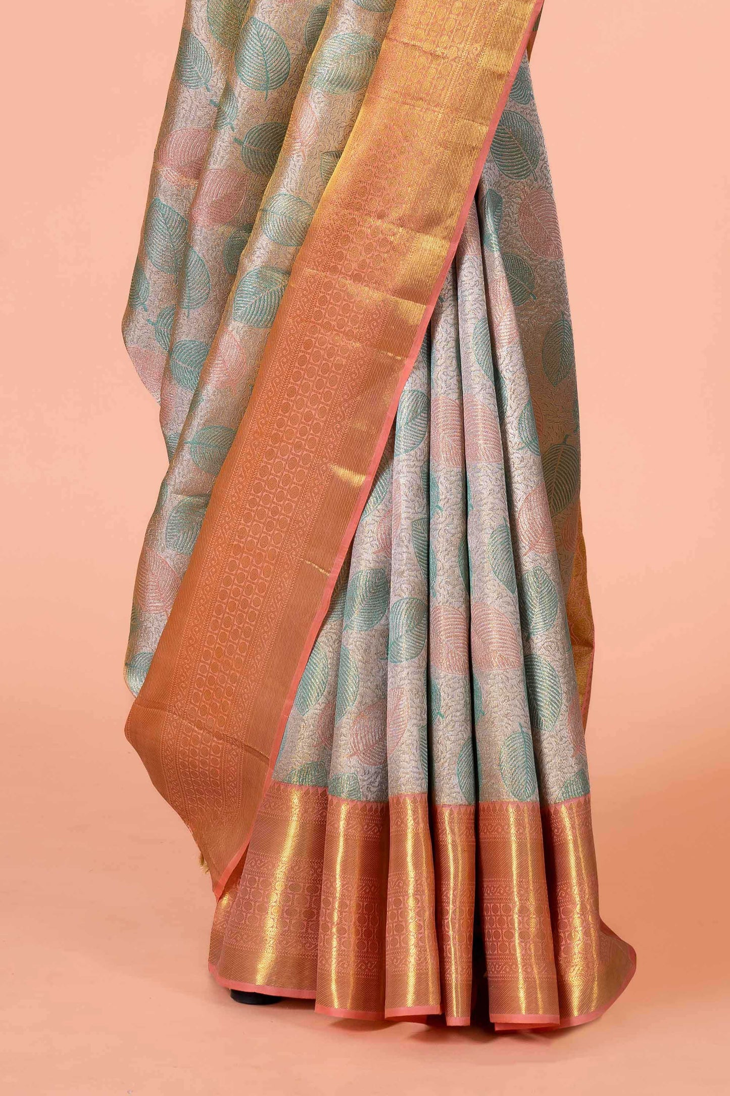Pastel Green & Peach Swayamvara Pattu Saree with Zari Woven Border & Elegant Golden Pallu