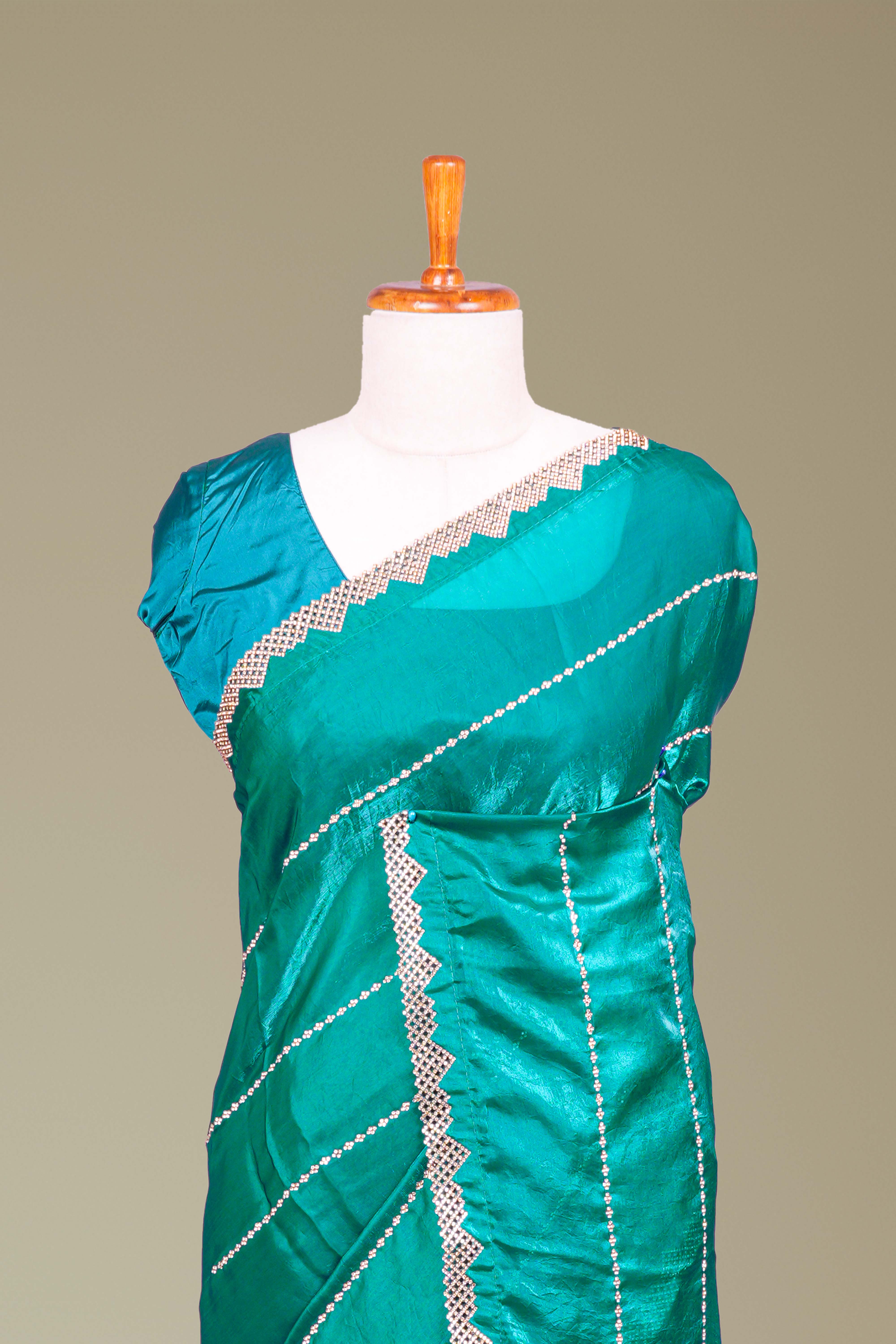 Peacock Green Fendi Satin Saree All -Over Zarkan Diamond Stone Work