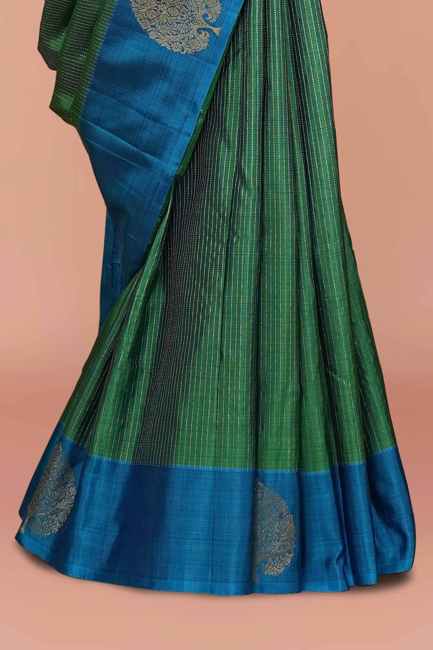 Bottle Green & Royal Blue Striped Border Kanchipuram Pure Silk Saree with Silver Zari Butta