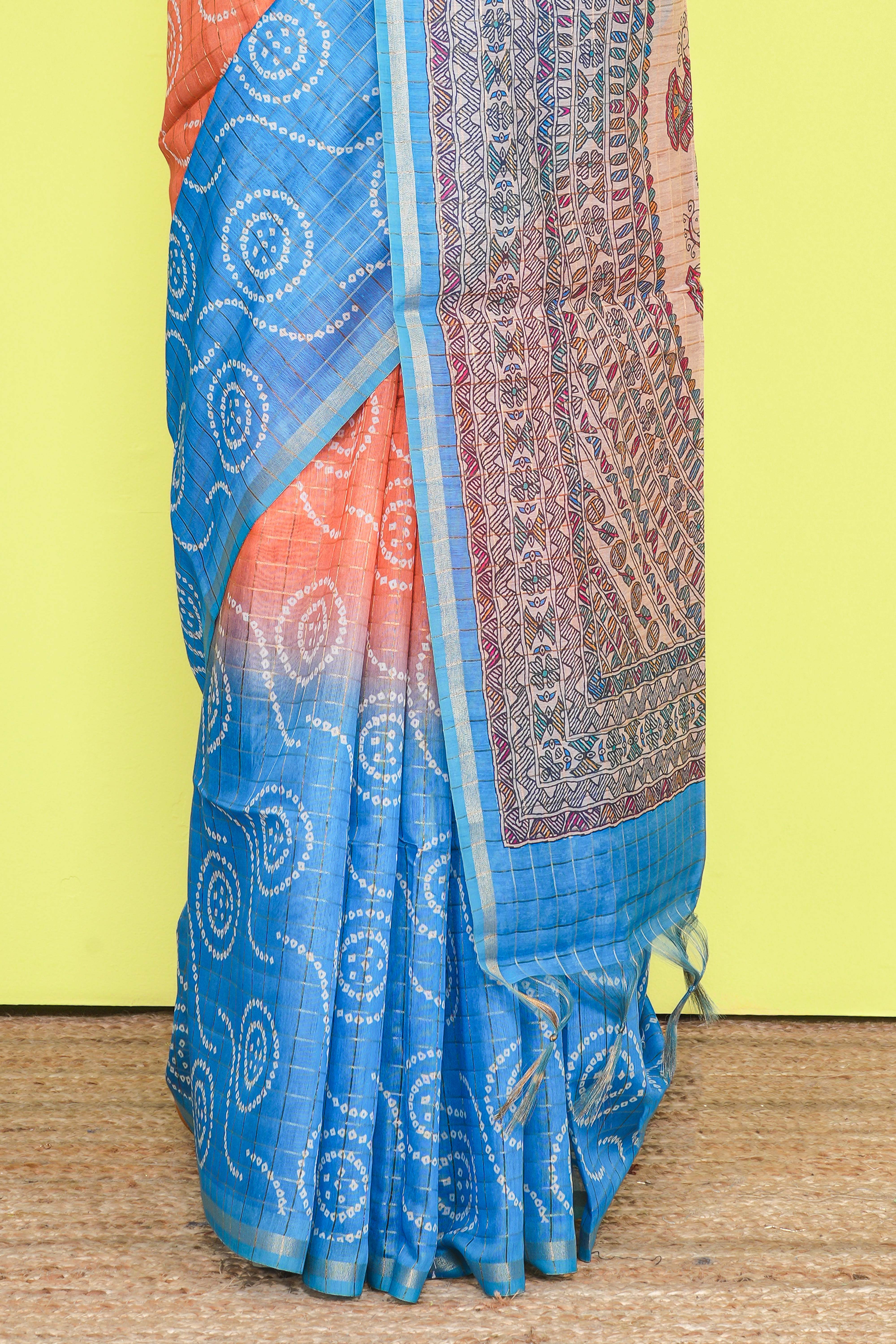Multi Color Chanderi Cotton SareeBandhani Design Across The Body With Madhubani Print Pallu Along With Flower Motifs Blouse