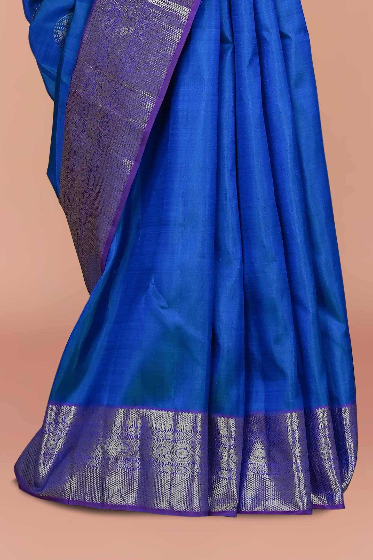 Royal Blue & Silver Contrast Kanchipuram Pure Silk Saree with Zari Body Buttas