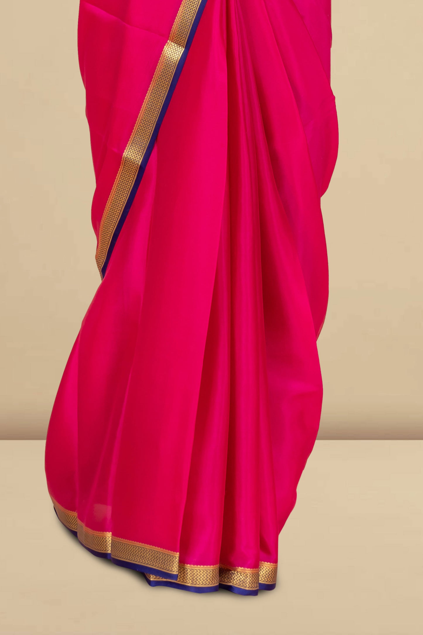 Vibrant Rani Pink Pure Mysore Silk Saree with Contrasting Blue-Gold Zari Border & Elegant Striped Blue-Gold Pallu