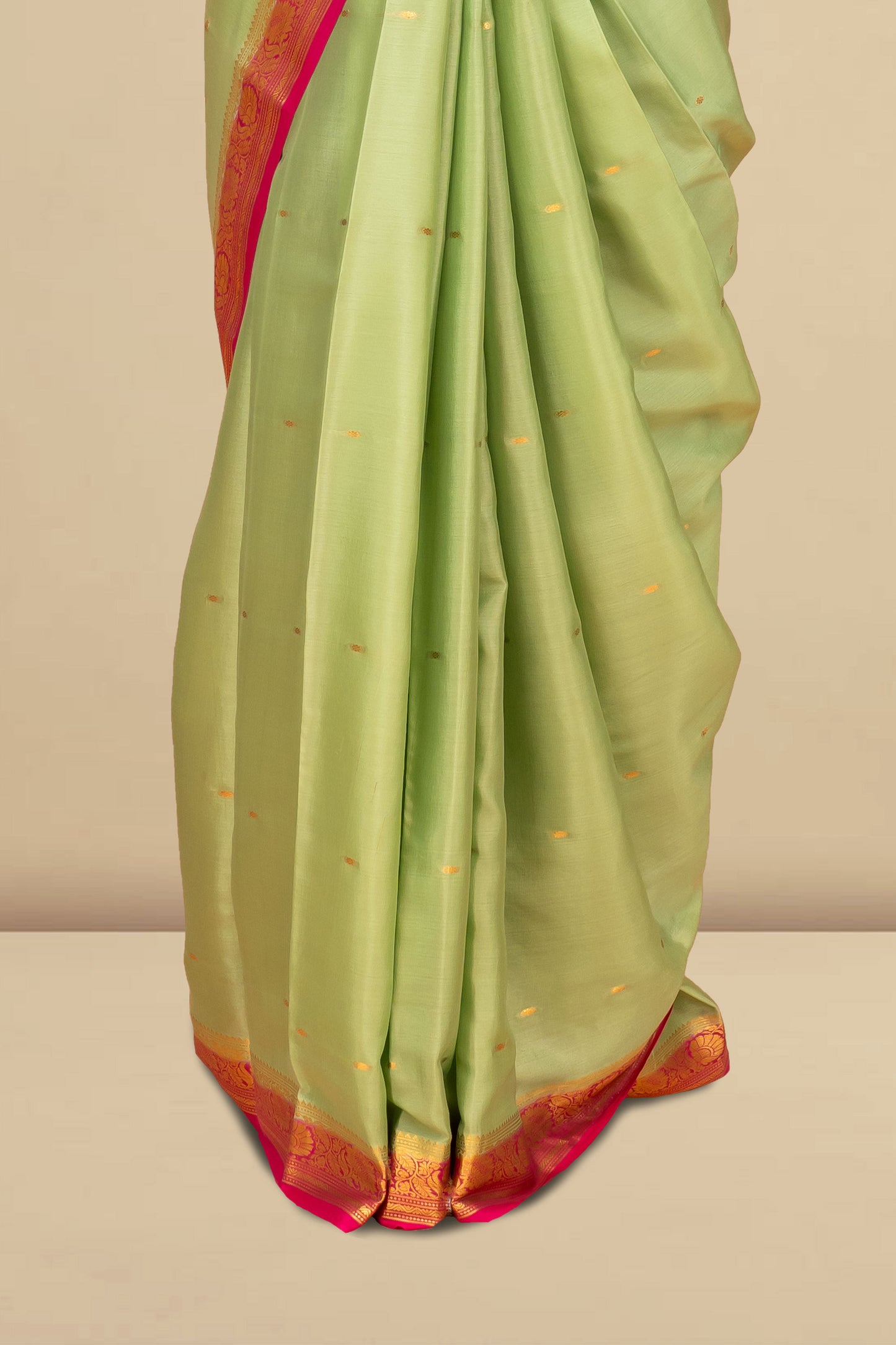 Pista Green Pure Mysore Silk Saree with Contrast Maroon Zari Border, Gold Butta Motifs & Rich Pallu