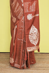 Copper Brown Viscose Georgette Saree Zari Woven Stripes, Floral Design Across The Body With Paisley Motifs Pallu