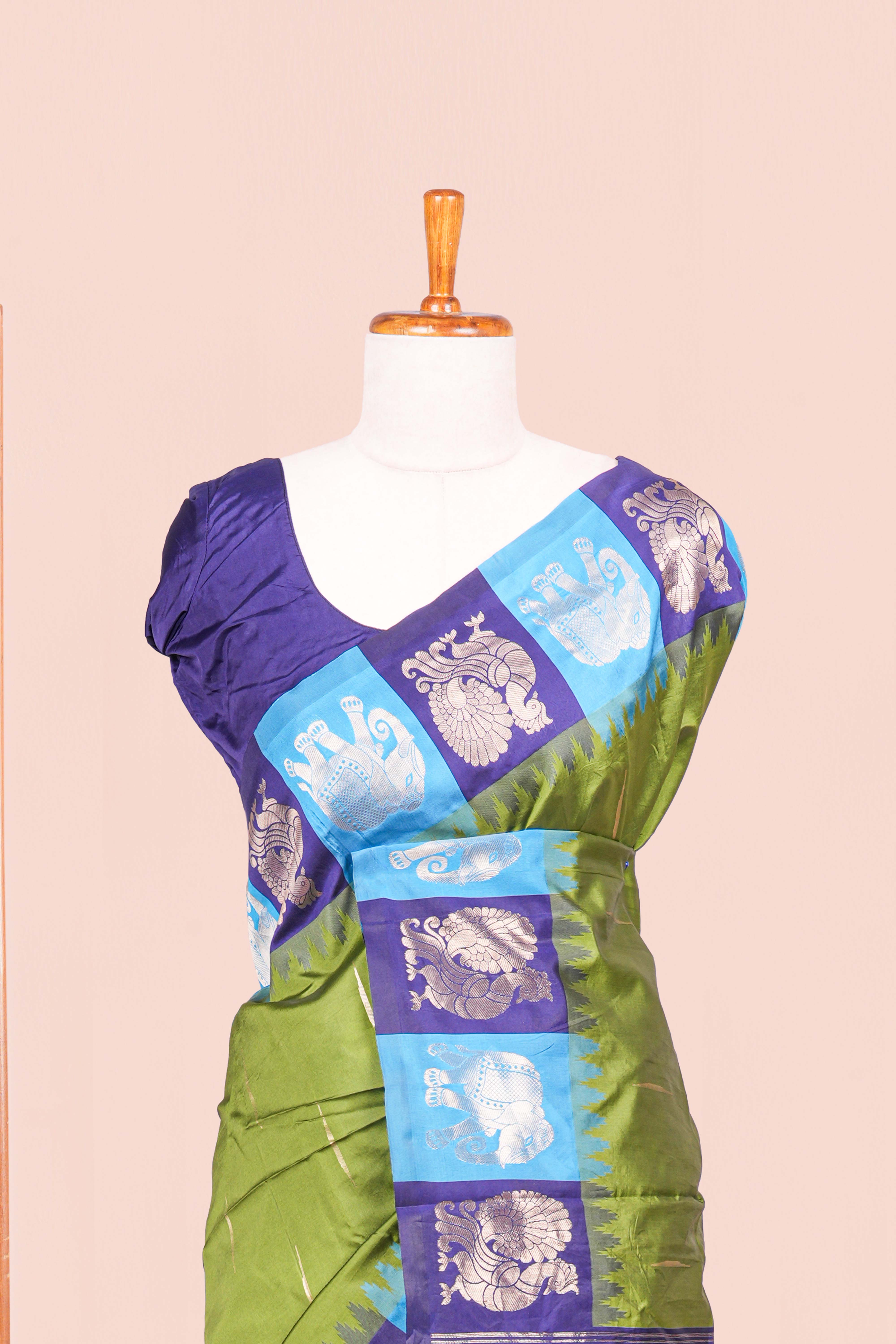 Green Art Silk Saree Body Detailing Zari Butta And Border Are Highlight Contrast Color With Intricate Zari Woven Elephant, Peacock Motifs With Golden Zari WeavingPallu