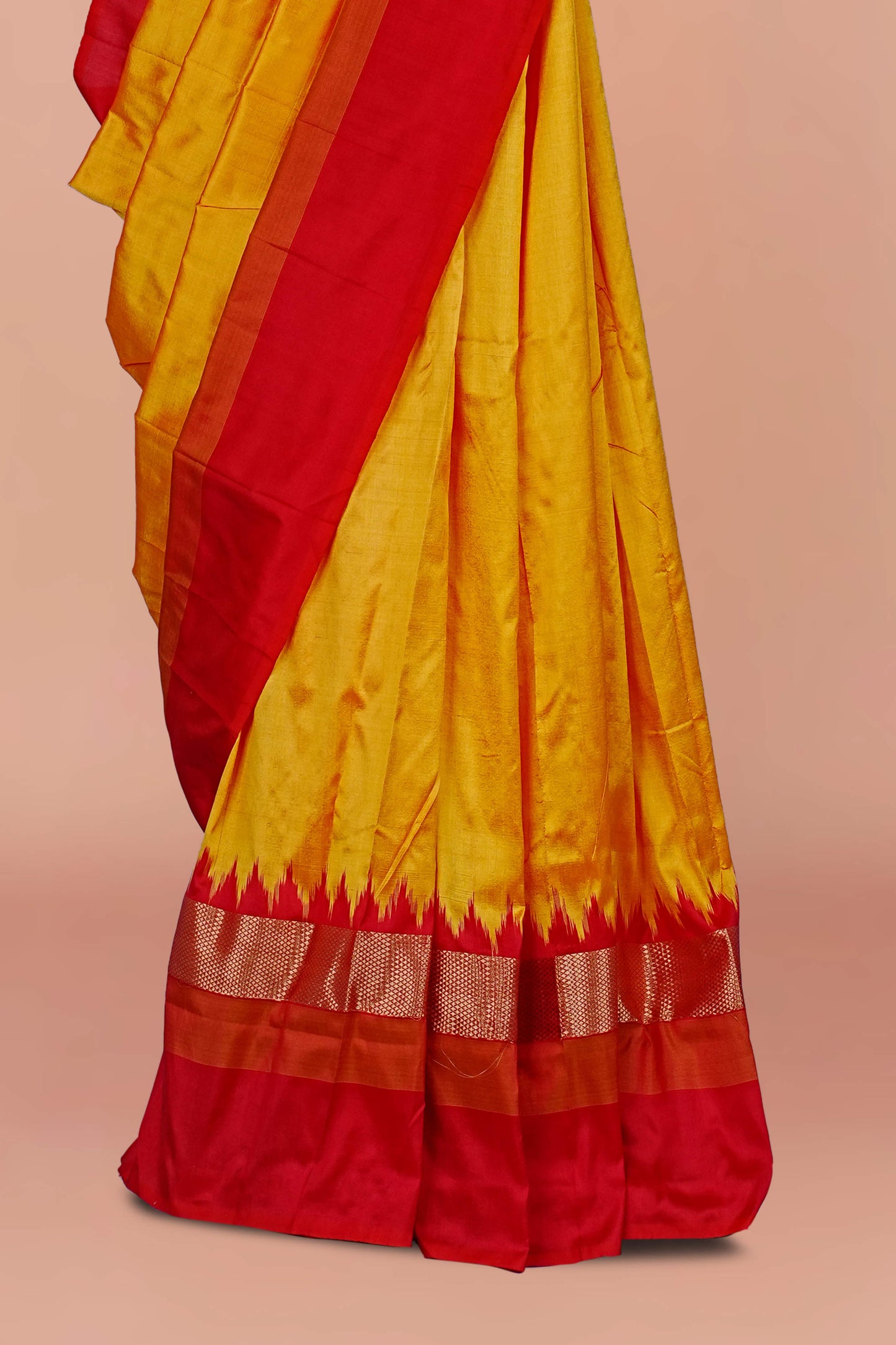 Yellow & Red Contrast Border Pure Pochampally Ikkat Silk Saree with Traditional Weave – ₹9,900
