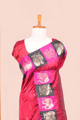Maroon Semi Art Silk Saree All Over Zari Butta And Border Are Highlight Contrast Color With Zari Woven Elephant, Peacock Motifs With Golden Zari Weaving Pallu