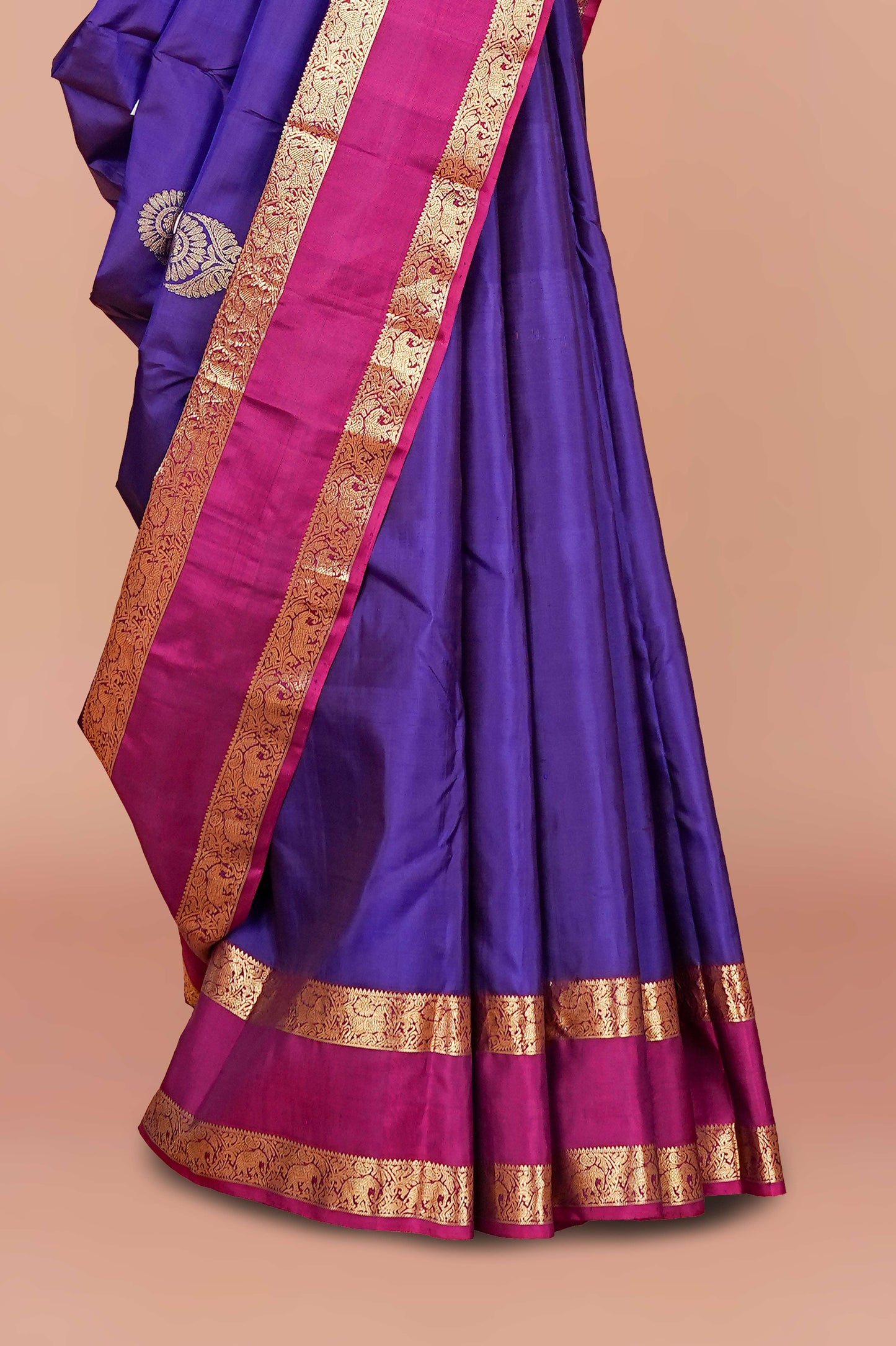 Royal Blue Kanchipuram Pure Silk Saree with Contrast Pink Border and Intricate Zari Work